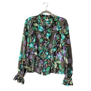 Warm Silk Midnight Bloom Blouse Black Floral Ruffle Button Down Women Small